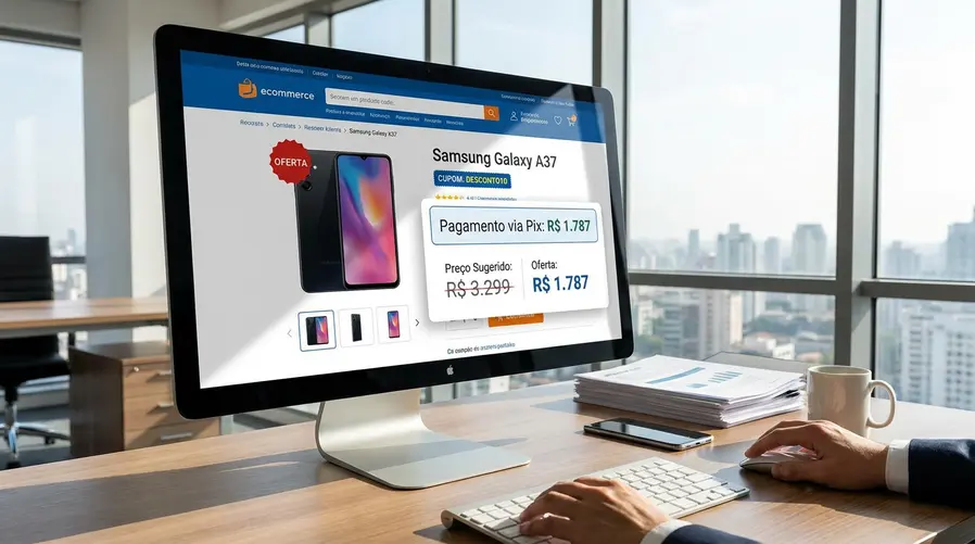 Uma captura de tela ou composição visual mostrando o preço do Galaxy A37 em destaque, com etiqueta de promoção, cupom e pagamento via Pix, ao lado de uma comparação visual simples entre o preço sugerido de R$ 3.299 e a oferta de R$ 1.787.