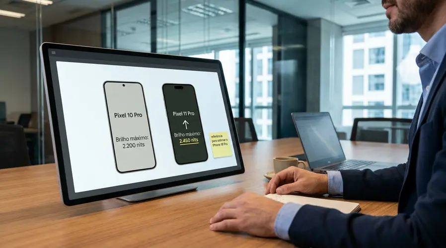 Uma tabela simples ou mockup de comparação de tela mostrando lado a lado Pixel 10 Pro e Pixel 11 Pro, com destaque visual para o aumento de 2.200 para 2.450 nits e uma anotação curta indicando que esse salto serve como referência para a estimativa do iPhone 18 Pro.