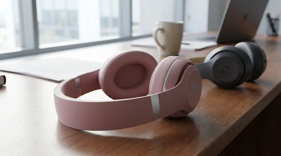 Close do fone vazado mostrando a faixa superior mais larga, o acabamento em rosa e a diferença de silhueta em relação ao Beats Studio Pro atual, para destacar a mudança de design mencionada na seção.
