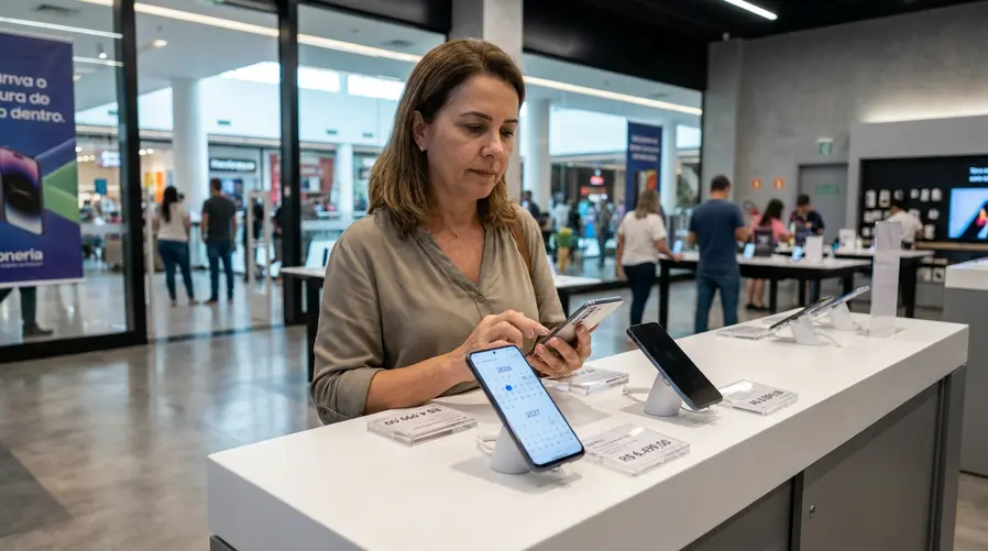 Uma imagem mostrando um consumidor brasileiro olhando dois ou três celulares lado a lado em uma loja, com etiquetas de preço visíveis e um calendário no celular aberto em 2026/2027, para ilustrar a dúvida prática entre esperar o suposto iPhone 18 ou comprar outro modelo antes.
