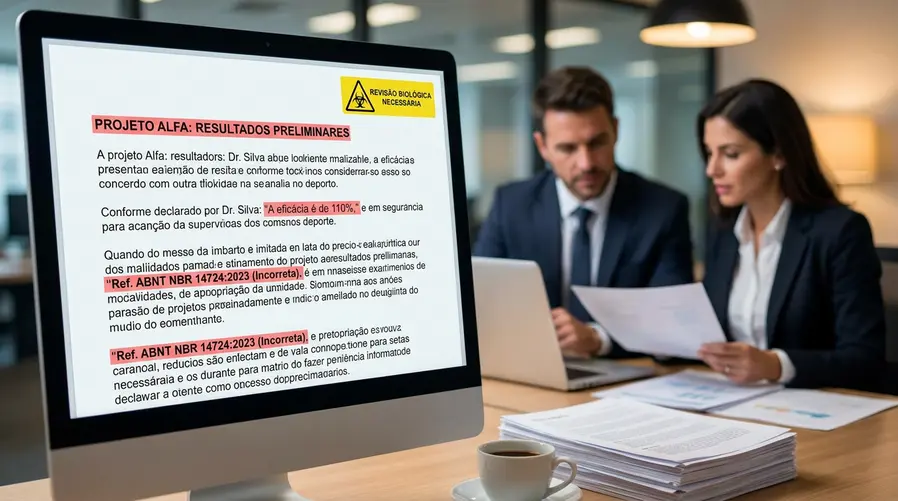 Uma imagem que mostre uma tela de relatório aberto com trechos destacados em vermelho, incluindo nomes de projetos, citações e referências aparentemente formais, junto de um ícone de alerta indicando que o conteúdo precisa de revisão humana antes de ser publicado.