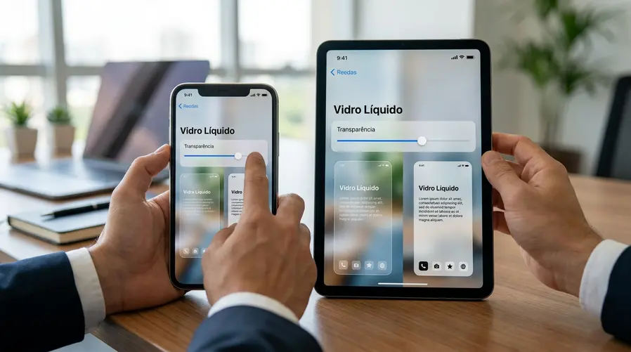 Uma captura de tela da tela de ajustes do Liquid Glass exibindo o slider de transparência em destaque, com comparação visual entre um nível mais transparente e outro mais opaco para mostrar como a leitura do texto e dos ícones muda na prática.