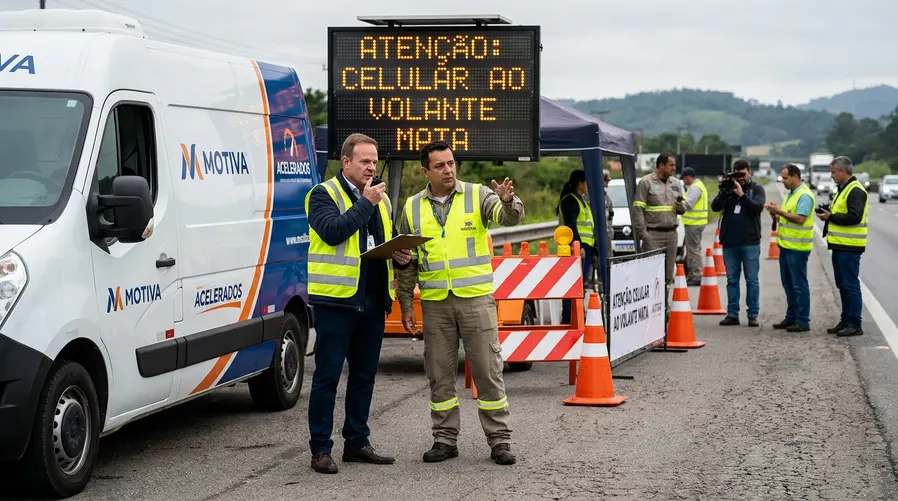 Um frame de campanha com Rubens Barrichello e Gerson Campos associados ao projeto Acelerados, em contexto de estrada ou área de rodovia, com elementos visuais de alerta de trânsito e comunicação da ação aparecendo em materiais da Motiva — a imagem deve reforçar a ideia de mobilização pública e não de propaganda comercial.