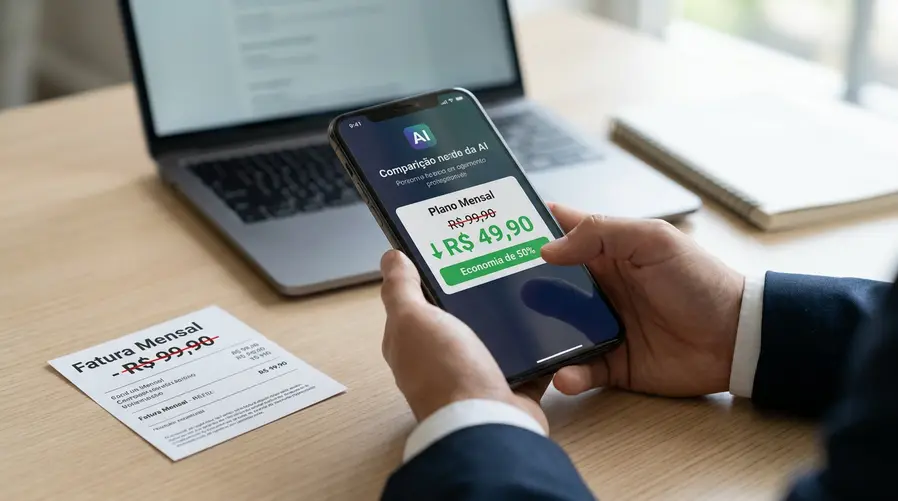 Uma tela de celular com um app de IA aberto ao lado de um cartão de cobrança de assinatura, destacando visualmente uma redução de preço ou um comparativo de custo mensal menor, para ilustrar onde o consumidor pode sentir a queda nos valores.