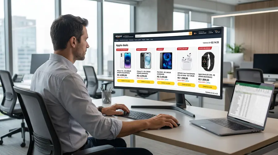 Uma captura estilo vitrine de compras mostrando os cinco produtos em destaque na promoção, com foco nos preços exibidos na Amazon Brasil para iPhone 16e, iPhone 15, iPad 2025, AirPods 4 com cancelamento ativo e Apple Watch SE 3 GPS, em um layout que deixe claro que são ofertas limitadas e de tempo curto.