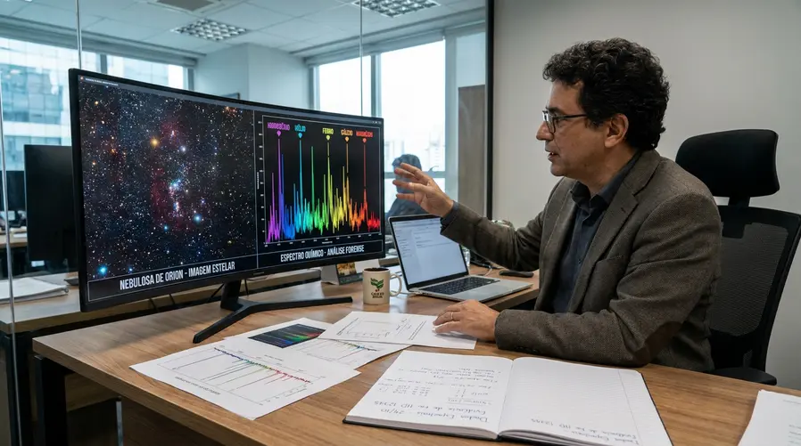 Uma ilustração com foco no ‘antes e depois’ da análise: uma estrela em destaque e, ao lado, um espectro químico com linhas coloridas apontando para elementos detectados, como se fossem pistas forenses do material de um planeta rochoso.