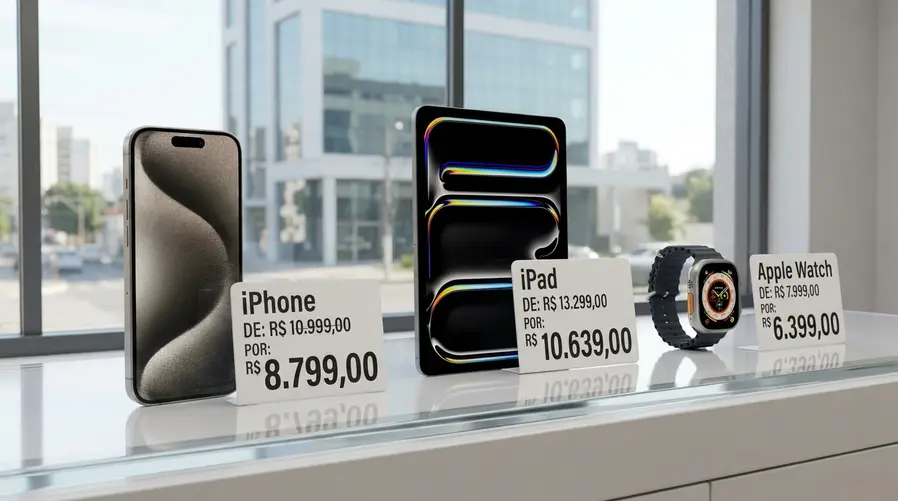 Uma composição com os produtos em promoção lado a lado — um iPhone, um iPad e um Apple Watch — exibindo etiquetas de preço destacadas em reais, como se fosse a vitrine da Semana Apple na Amazon.