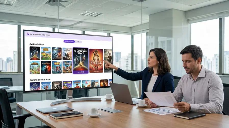 Uma imagem com a grade dos jogos de junho exibida como tela do Amazon Luna, destacando os nomes mais fortes do mês em cards separados, com visual de catálogo organizado por data e plataformas (Luna Standard e PC), para o leitor identificar rapidamente o que já está disponível e o que chega ao longo do mês.