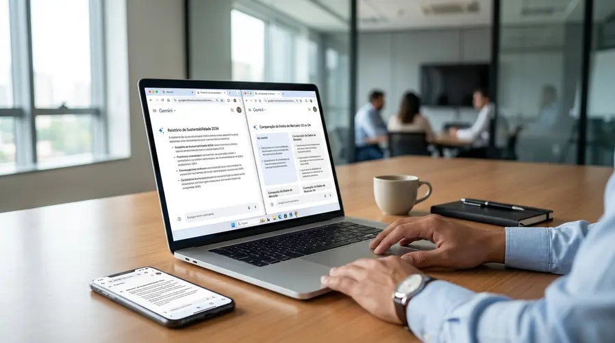 Uma tela de notebook aberta no Chrome com várias abas, mostrando o Gemini ajudando a resumir uma página longa e comparar duas informações lado a lado, com um celular ao lado sugerindo que o recurso também chegou ao iOS.
