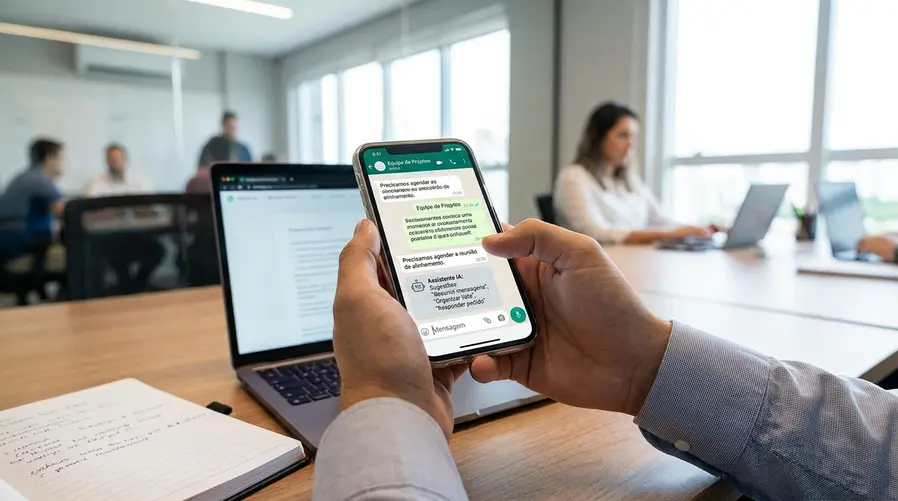 Uma tela de celular com uma conversa no WhatsApp aberta, exibindo um bloco de respostas automatizadas de IA sugerindo tarefas simples para o usuário, como resumir mensagens, organizar uma lista ou responder um pedido, com interface clara que deixe evidente que é um assistente dentro do app, não uma propaganda do serviço.