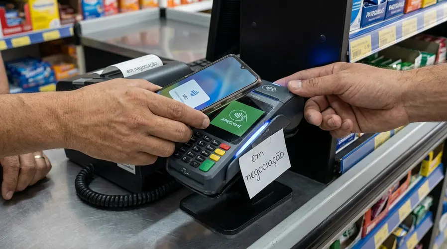 Um iPhone sendo usado em uma maquininha de cartão em um caixa de loja no Brasil, com destaque visual para a ideia de pagamento por aproximação e um elemento discreto sugerindo 'sem taxa extra' ou 'em negociação', para ilustrar a dúvida sobre custo e liberação.