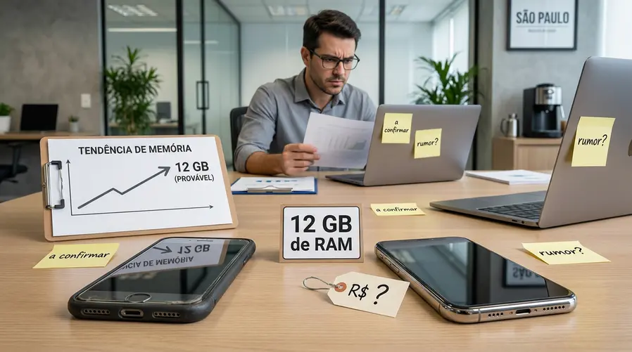 Uma imagem comparativa em estilo editorial mostrando dois iPhones lado a lado, com destaque visual para um cartão ou selo de '12 GB de RAM' e, ao lado, uma etiqueta de preço com um ponto de interrogação. A composição deve sugerir dúvida sobre o valor final, com elementos de análise de rumor, como um gráfico simples de alta de memória e balões discretos de 'a confirmar'.