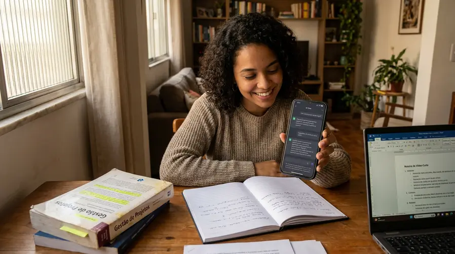 Uma cena de uso cotidiano mostrando um brasileiro no celular com um app de IA aberto enquanto divide a tela mentalmente entre tarefas comuns: escrever uma mensagem de trabalho, revisar um texto de faculdade e buscar ideias para um vídeo curto. A imagem deve transmitir que o GPT já entrou na rotina, sem aparência de laboratório ou escritório corporativo.