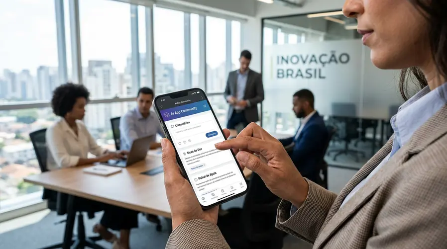 Foto de uma pessoa usando o celular com um app de IA aberto enquanto vê uma comunidade online no mesmo aparelho: comentários, dicas de uso e uma tela de ajuda/tutorial simples. A imagem deve enfatizar a ideia de aprendizado prático e descoberta de recursos, não o evento em si.