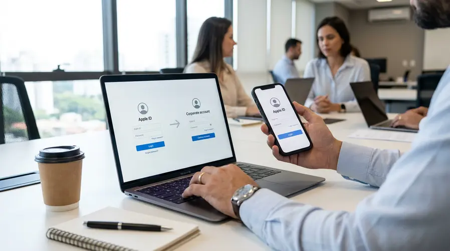 Uma cena de escritório com uma pessoa usando um MacBook e um iPhone, enquanto na tela aparece um fluxo de troca de conta corporativa, destacando visualmente a passagem de um Apple ID pessoal para uma conta de trabalho sem mostrar marcas ou interfaces específicas demais.