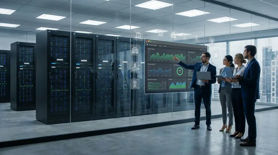 Uma imagem de um data center moderno com servidores e funcionários em ambiente corporativo, sobreposta visualmente com ícones discretos de banco, hospital e rede elétrica, para reforçar que a seção trata dos setores sensíveis que podem mudar a forma de contratar nuvem e IA na Europa.
