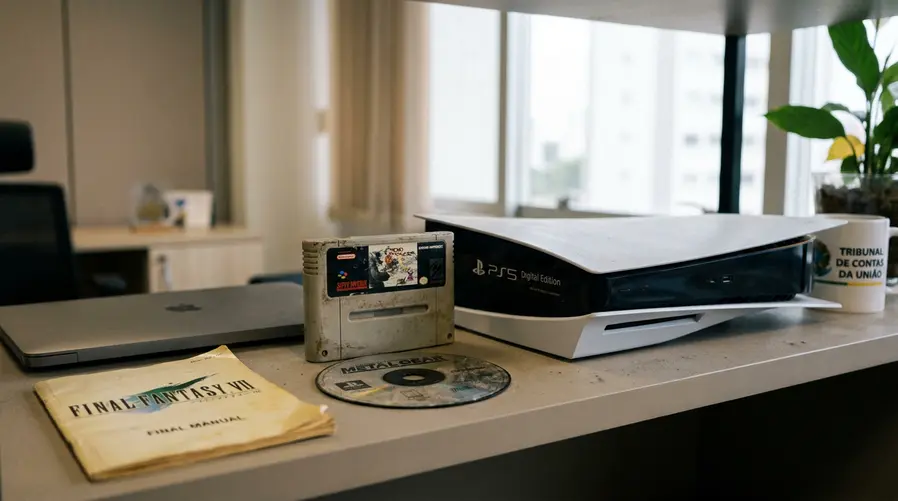 Uma imagem mostrando uma prateleira ou mesa com mídias antigas de games — cartucho, disco de console e manual amarelado — ao lado de um console moderno ou notebook sem opção clara de jogar aquele título, reforçando a ideia de que o jogo ficou preso ao passado e difícil de acessar hoje.