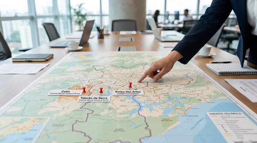 Uma imagem de mapa da Grande São Paulo destacando com marcações claras Cotia, Taboão da Serra e Embu das Artes, com legendas simples indicando que essas são as cidades da primeira lista de acesso à TV 3.0; a imagem deve reforçar a ideia de estreia localizada, não de cobertura total.