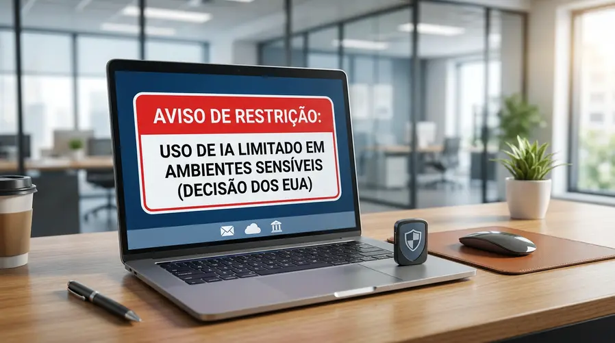 Uma ilustração ou foto mostrando uma tela de notebook com um aviso de restrição ou banimento em destaque, ao lado de um escudo digital e ícones discretos de e-mail, nuvem e banco online, para representar a decisão dos EUA limitando o uso da IA em ambientes sensíveis.