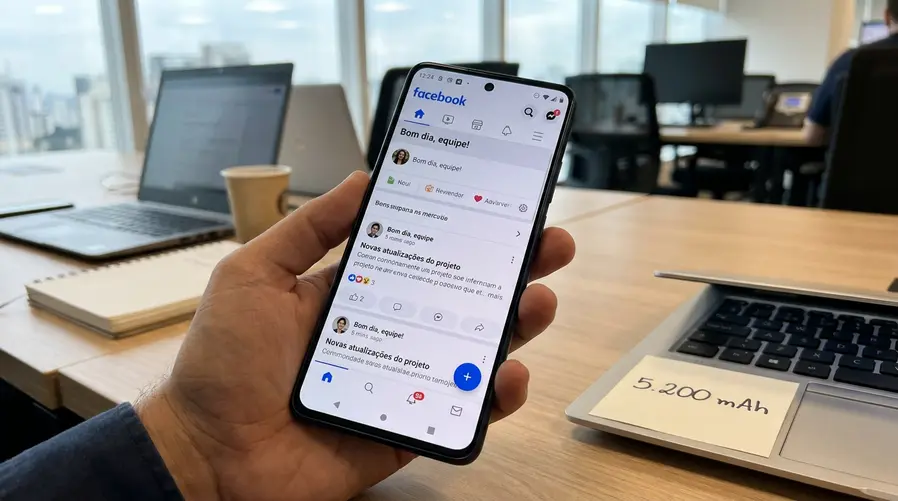 Imagem do Motorola Edge 60 Fusion em uso real, com destaque visual para a tela pOLED grande exibindo streaming ou redes sociais e, ao lado, um callout discreto mostrando a bateria de 5.200 mAh como ponto de autonomia da seção.