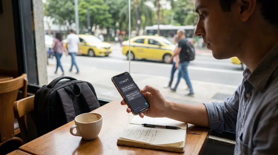 Uma imagem de alguém usando o ChatGPT no celular em um ambiente cotidiano brasileiro, como uma mesa de café ou transporte público, com a tela exibindo uma conversa prática sobre estudo, trabalho ou criação de conteúdo. A cena deve transmitir uso massivo e natural, não um clima corporativo.