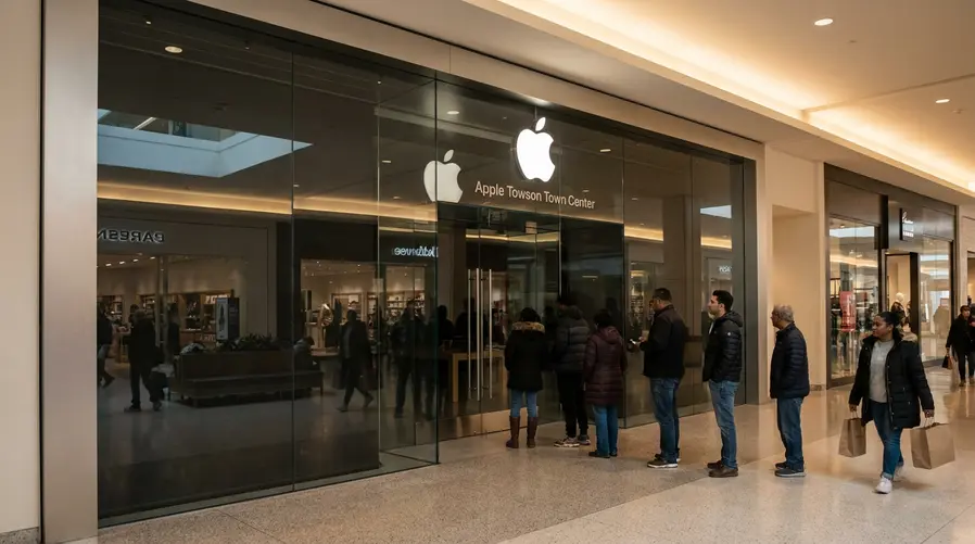 Mostrar a fachada da Apple Store no Towson Town Center ou a entrada do shopping com a loja identificada, reforçando que se trata de uma unidade física que vai deixar de atender o público local — idealmente com foco no ambiente da loja e no fluxo de clientes, para ilustrar a perda de suporte presencial.