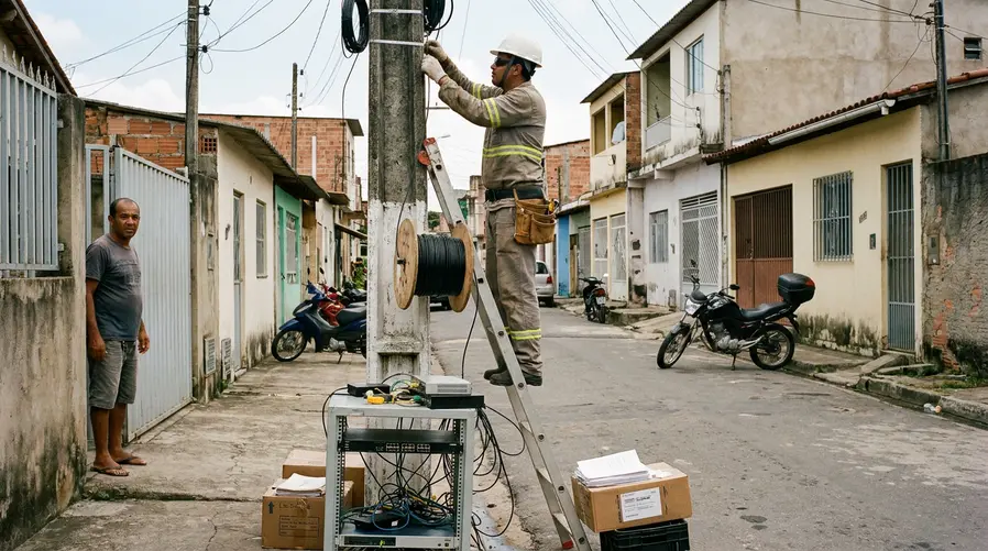 Uma cena de bairro com técnico instalando fibra em um poste, ao lado de uma pequena central improvisada de provedor local, com caixas de equipamento e um cliente observando a instalação; a imagem deve transmitir a ideia de provedor pequeno sob pressão para se regularizar, sem parecer publicidade.
