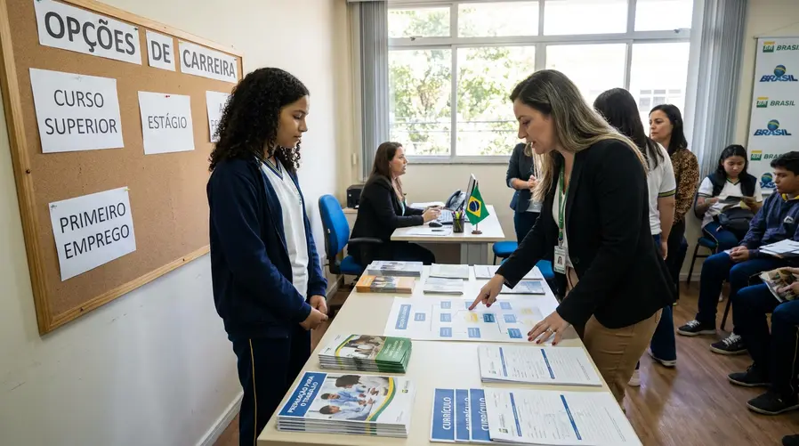 Uma cena de orientação de carreira em ambiente escolar ou comunitário: um jovem olhando para um quadro com opções de curso, estágio e primeiro emprego, enquanto uma conselheira aponta caminhos concretos e materiais impressos de apoio à transição para o trabalho.