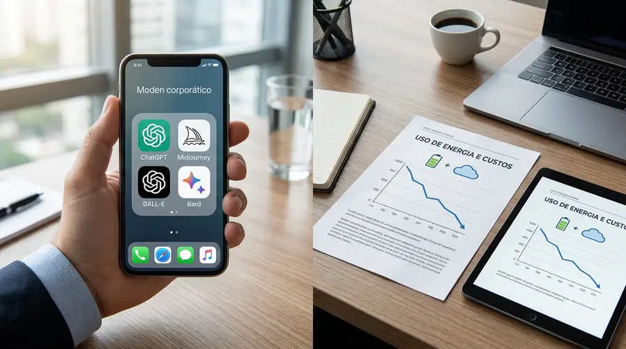 Uma arte mostrando, de um lado, um smartphone com apps de IA populares e, do outro, um gráfico simples de economia de energia e custo caindo, com ícones discretos de bateria e nuvem, para ilustrar como uma IA mais eficiente poderia afetar o uso cotidiano e o preço dos serviços.