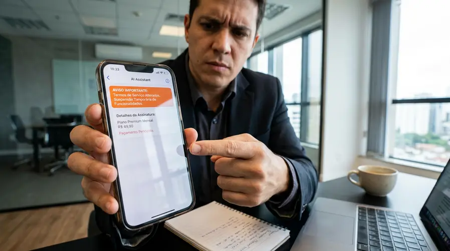 Uma imagem mostrando a tela de um smartphone com um app de IA aberto e, em destaque, um aviso de alteração de termos ou suspensão temporária de recurso, ao lado de um usuário olhando a assinatura do serviço no celular.