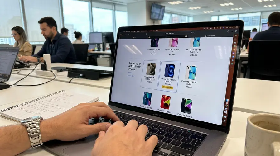 Uma captura de tela ou foto da página de iPhones recondicionados da Apple Japão mostrando várias linhas de produtos disponíveis, com destaque visual para os cards/listagens de iPhone 15 e iPhone 16 e seus preços, para ilustrar claramente a ampliação de estoque daquela seção.