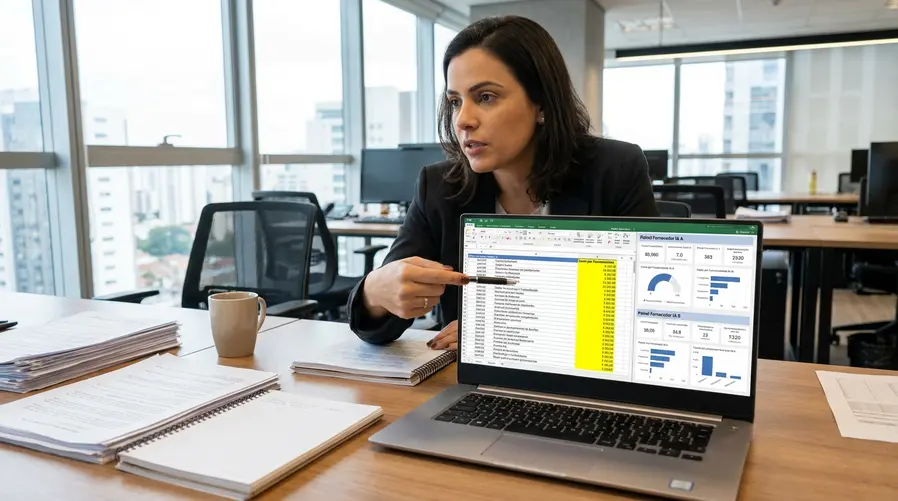 Uma imagem mostrando uma tela de notebook com uma planilha simples ao lado de dois painéis separados de fornecedores de IA, todos com números diferentes e sem somar entre si, enquanto uma pessoa aponta para uma coluna de custos por feature destacada em cor forte.