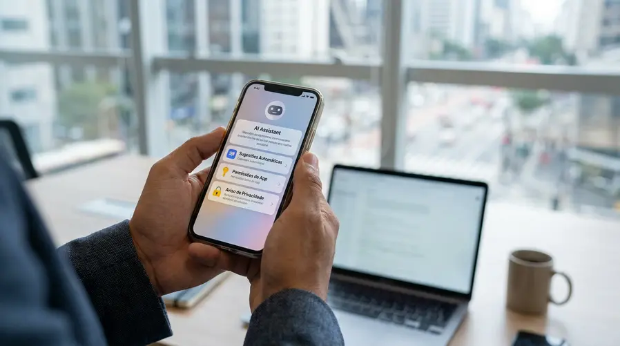 Uma pessoa segurando um smartphone com uma interface de assistente de IA aberta, enquanto na tela aparecem sugestões automáticas, permissões de acesso e um alerta visual discreto sobre privacidade/segurança, para ilustrar os riscos práticos do uso diário de IA em apps e celulares.