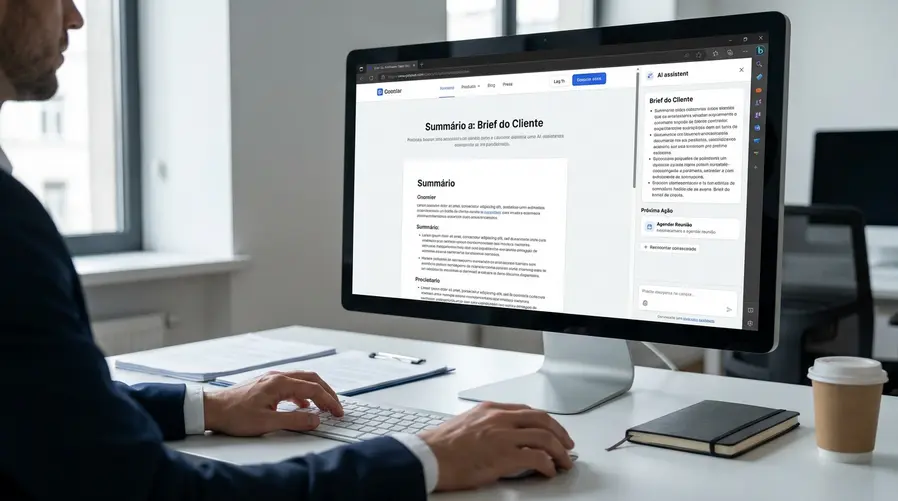 Uma captura de tela de um navegador com um assistente de IA destacado ao lado da página, mostrando uma tarefa prática acontecendo dentro da navegação — por exemplo, resumindo um texto, preenchendo um formulário ou sugerindo a próxima ação em uma página aberta.