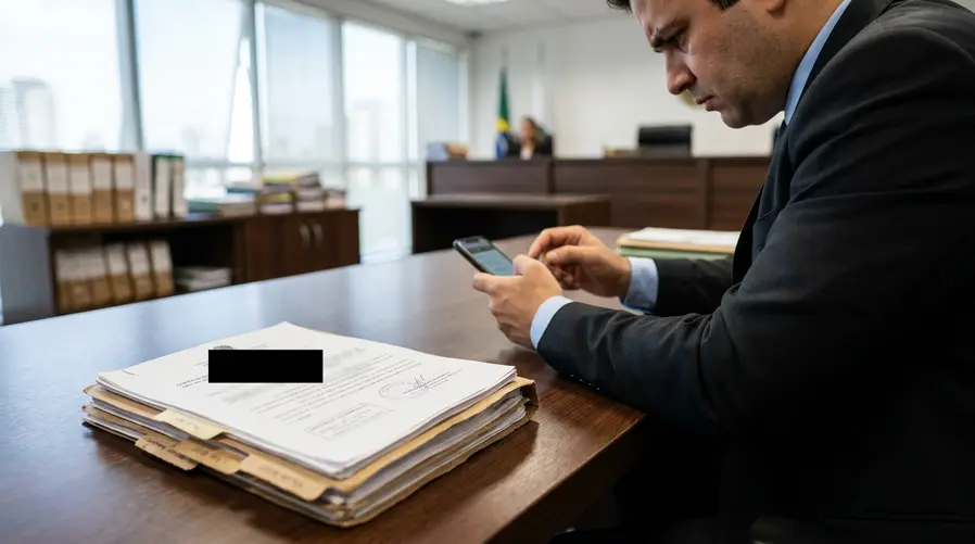 Uma cena de tribunal com um arquivo de processo aberto, um nome de autor borrado ou coberto por tarja, e ao lado uma pessoa anônima olhando para a tela do celular com expressão de preocupação. A imagem deve comunicar o dilema entre manter a identidade protegida e seguir com a ação judicial.