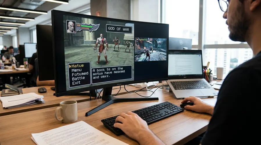 Uma captura do demake mostrando Kratos em visual de PlayStation 1, com interface e cenário de RPG por turnos na tela, evidenciando a diferença entre a ação original e a nova estética retrô.
