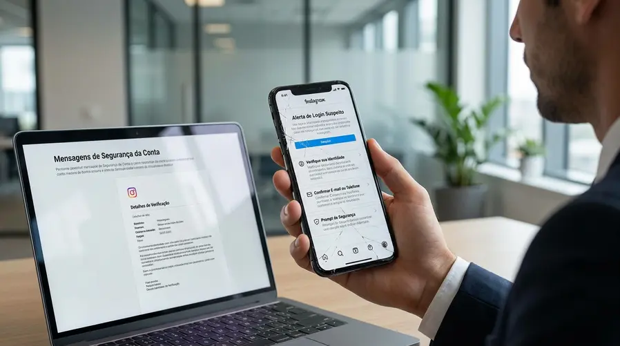Uma captura de tela de um fluxo de recuperação de conta no Instagram, mostrando a área de ajuda/suporte dentro do app, ao lado de alertas de login suspeito e campos de verificação de identidade, para ilustrar como o processo de suporte pode ser explorado por invasores.