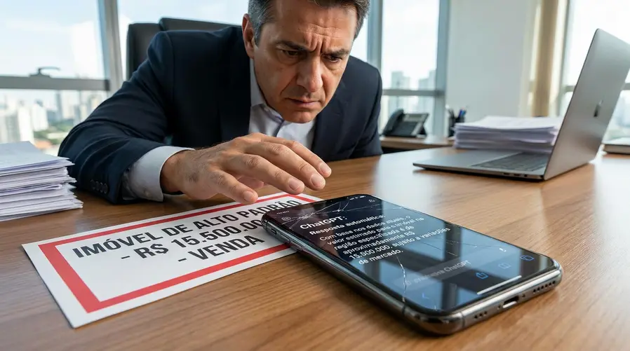 Uma imagem em estilo editorial mostrando um celular aberto com uma conversa no ChatGPT e, ao lado, uma etiqueta de preço de imóvel em destaque, com expressão de dúvida de uma pessoa olhando a tela, para ilustrar o choque entre a resposta automática e uma decisão de compra cara.