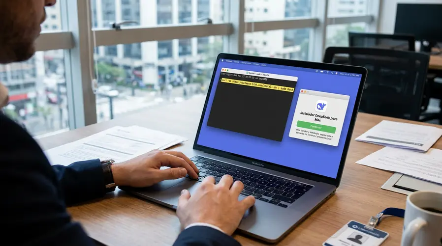 Uma captura que mostre, de forma didática, uma janela do Terminal no macOS com um comando sendo copiado/colado em destaque, ao lado de uma página ou pop-up fingindo ser um instalador do DeepSeek para Mac. A imagem deve passar a sensação de ‘faça isso para continuar’ que o golpe usa para convencer a vítima a executar o comando manualmente.