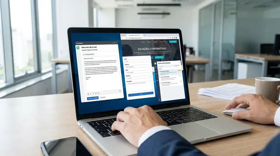 Uma cena em estilo interface de app no notebook ou celular mostrando um fluxo real de uso: a IA redigindo um e-mail, ao lado uma página de formulário com campos preenchidos e uma aba de navegador aberta, para ilustrar tarefas práticas de vários passos que um “agente” pode tentar executar.