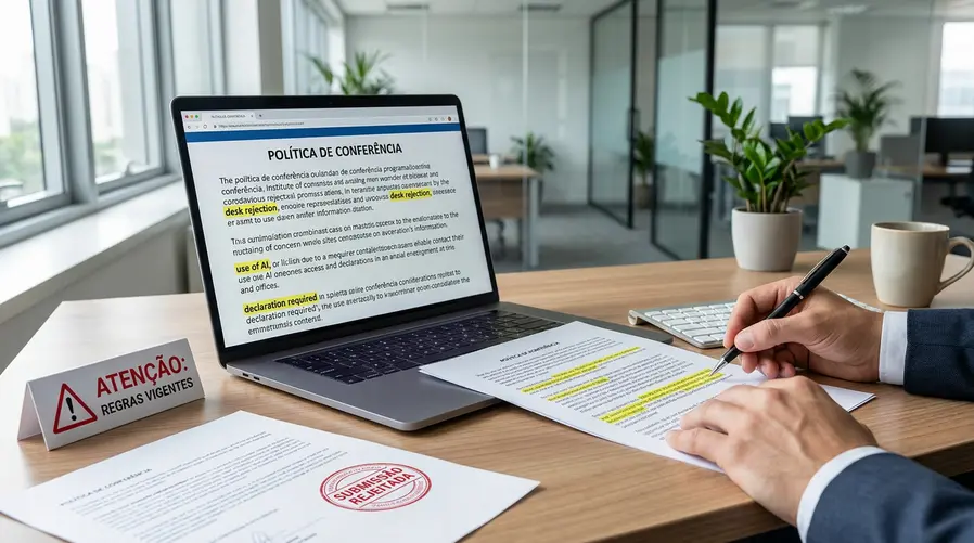 Uma imagem em estilo editorial mostrando uma página de política da conferência em um notebook, com trechos destacados visualmente como 'desk rejection', 'use of AI' e 'declaration required', ao lado de um ícone de alerta e um carimbo genérico de 'submissão rejeitada'. A cena deve reforçar que o debate é sobre regra oficial e decisão editorial, não sobre uma prova definitiva do detector.
