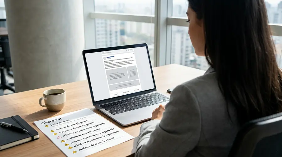 Uma captura visual em estilo comparativo mostrando trechos curtos de um post muito 'perfeito demais' ao lado de uma lista discreta com sinais de alerta, como frases genéricas, ausência de exemplo pessoal e estrutura excessivamente organizada. A imagem deve parecer um card editorial explicando como o leitor pode notar pistas de texto fabricado, sem focar em marcas ou ferramentas específicas.