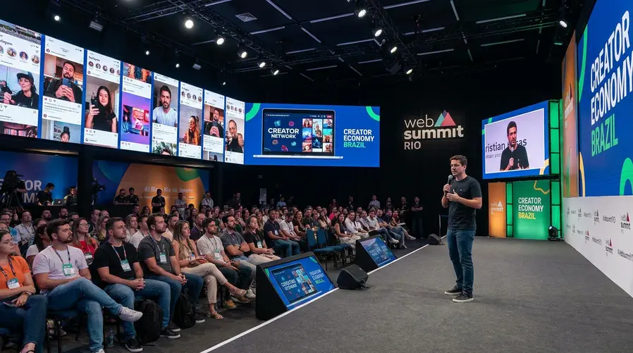 Uma cena de palco do Web Summit Rio com Christian Rôças falando ao microfone, ao fundo um auditório com criadores de conteúdo e profissionais de marketing assistindo, e elementos visuais de comunidade e redes sociais em telões, para ilustrar a aposta da OpenAI em creators e grupos de usuários no Brasil.