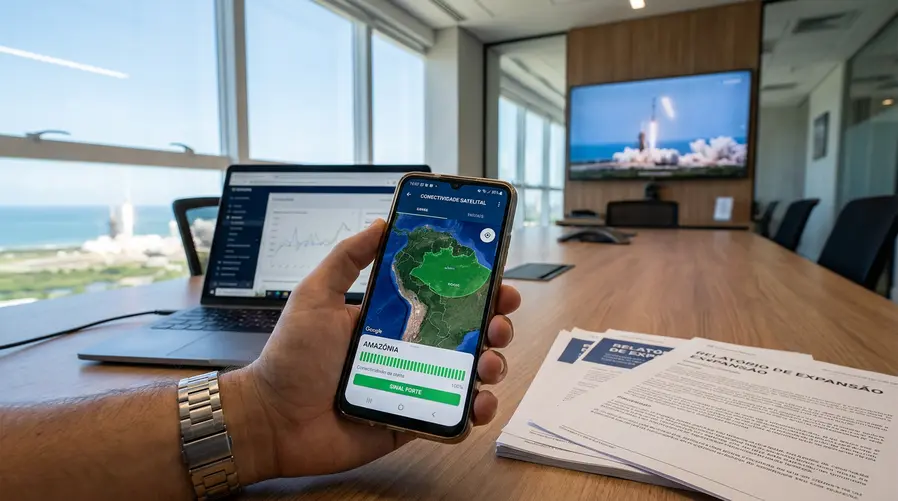 Uma imagem mostrando um celular com um app de internet via satélite aberto ao lado de um foguete em lançamento, com destaque visual para a ideia de acesso do consumidor: internet chegando em lugares remotos e a conexão entre a IPO da SpaceX e serviços que podem aparecer na rotina das pessoas.