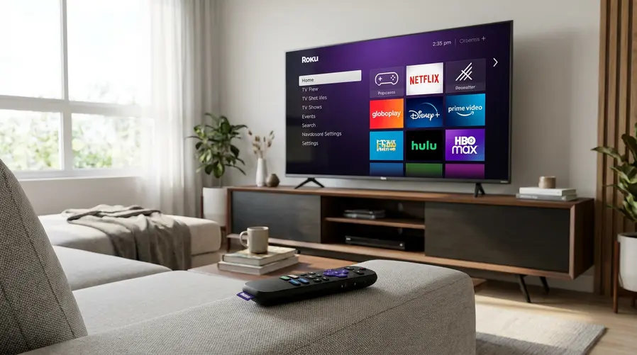 Uma TV na sala de estar exibindo a interface da Roku com vários apps de streaming em destaque e, em primeiro plano, um controle remoto Roku sobre o sofá. A imagem deve reforçar a dúvida do usuário comum: se haverá mudança prática no aparelho, nos apps ou na experiência de uso após a compra.