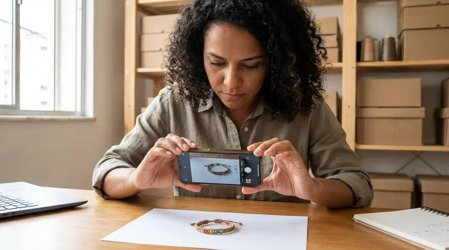 Uma empreendedora segurando um celular e fotografando um produto pequeno e bem iluminado, como uma peça de roupa, acessório ou item de artesanato, com a tela mostrando a imagem enquadrada e um ambiente simples de negócio em casa ou pequena loja ao fundo.