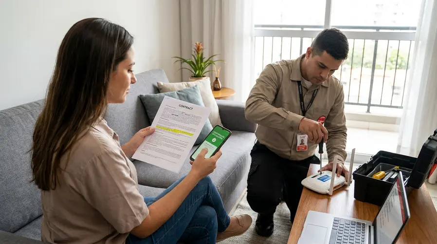 Uma cena de consumidor em casa checando no celular o nome da empresa de internet no contrato enquanto um técnico instala roteador homologado na sala, com elementos visuais de conferência de cadastro e selo de equipamento regular para ilustrar a seção sobre o que muda na prática para o cliente.