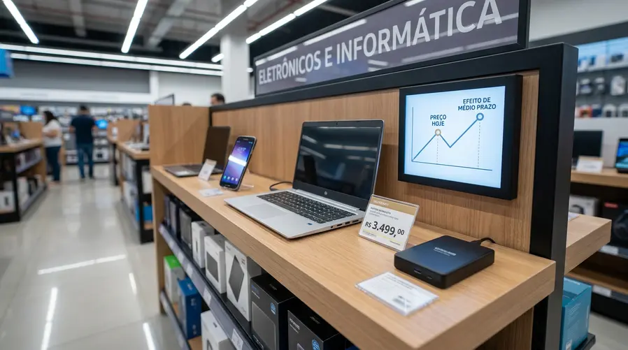 Uma cena de prateleira de loja de eletrônicos no Brasil com um celular, um notebook e um SSD em destaque, ao lado de uma etiqueta de preço e um pequeno gráfico discreto mostrando 'preço hoje' e 'efeito de médio prazo', para reforçar que ainda não há queda imediata, mas pode haver mudança na oferta ao longo do tempo.