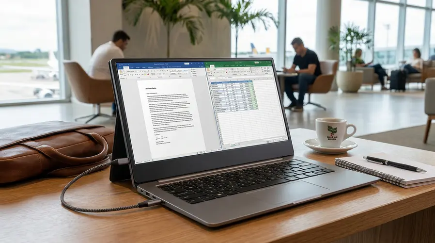 Foto em close de um monitor portátil de 15,6" ao lado de um notebook aberto, com um cabo USB-C conectado e a tela exibindo uma janela de trabalho lado a lado; a imagem deve deixar claro o tamanho compacto, a conexão simples e o uso como segunda tela em mesa de café ou aeroporto.