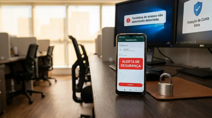 Um celular sobre uma mesa com a tela mostrando um app de banco/Pix aberto e um cadeado ao lado, sugerindo acesso indevido e a necessidade de bloqueio rápido de senha e biometria; ao fundo, elementos discretos de alerta, como notificação de transferência e escudo de segurança.